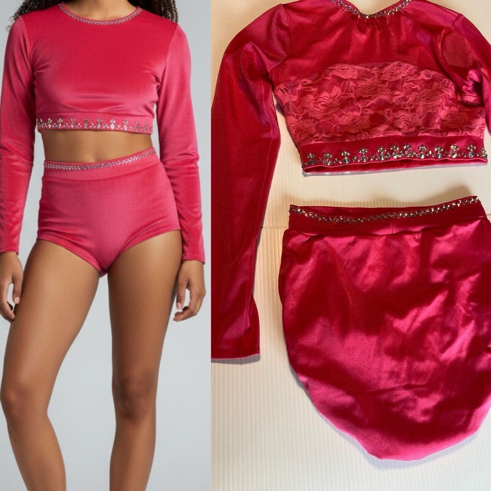 Kelle solo dance custom costume 2 piece hot pink rhinestoned crop top Teen